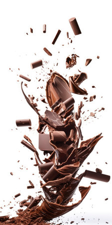 Chocolate splashes with pieces of chocolate isolated on white background.の素材