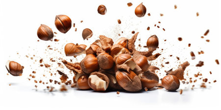 Hazelnuts falling into the heap. Isolated on white backgroundの素材