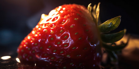 Juicy strawberry on a black background. Shallow depth of field. food magazine shotの素材