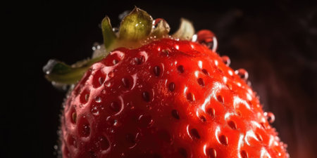Strawberry with water droplets on a black background. Macro, close up shot for food magazineの素材