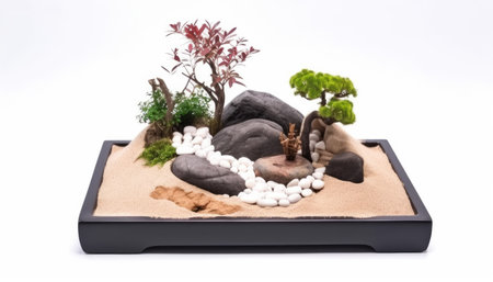 Zen Garden terrarium with stones and plants on a white background.の素材
