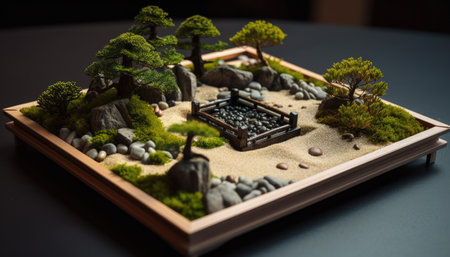 Zen gaerden Miniature of bonsai tree and pebbles on a black backgroundの素材