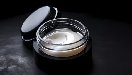 Cosmetic cream in a blank jar on a black background. Beauty concept, mock-upの素材