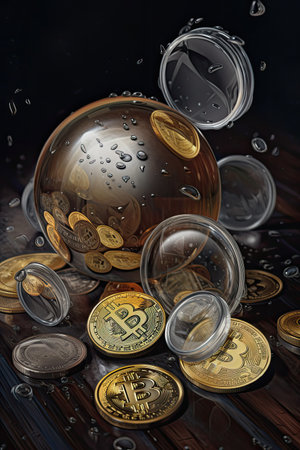 Bitcoin in a glass jar on a wooden background. 3d illustrationの素材