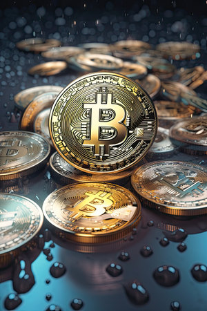 bitcoins. Cryptocurrencies. Golden coins on a dark background. 3d illustrationの素材