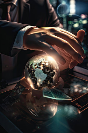 Close-up of businessman hands holding Earth hologram globe. like a wizard, Global business conceptの素材