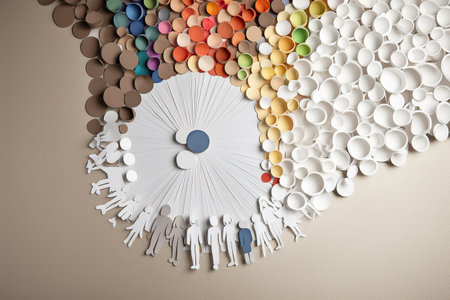 Conceptual image of group of people in circle made of paper, inclusion, diversityの素材