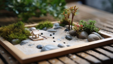 Miniature Japanese zen garden in wooden tray on wooden table with copy spaceの素材