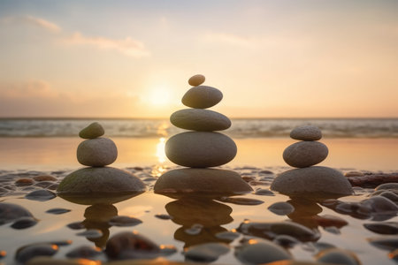 Pyramid of pebbles on the beach at sunset. Zen conceptの素材