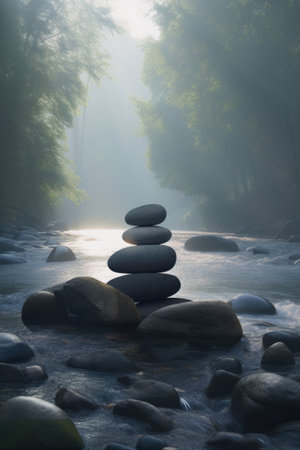 zen stones on the river in the morning mist, beautiful nature backgroundの素材