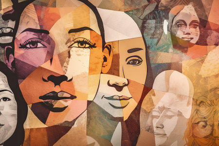 inclusiveness, inclusion and equity concept in an Abstract collage with portraits of beautiful women. Toned image.の素材