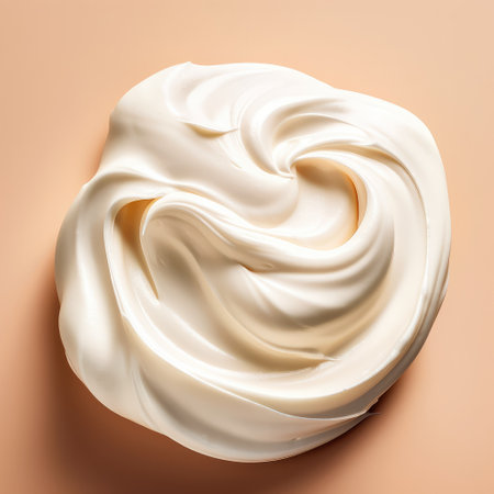 Whipped cream isolated on a beige background. Top view.の素材