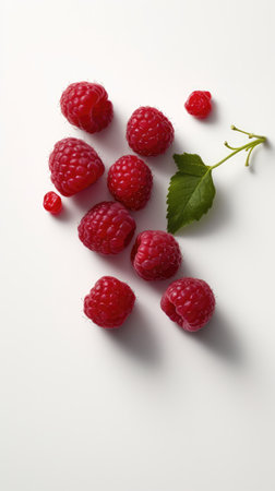 Ripe raspberries with leaves on white background, closeupの素材