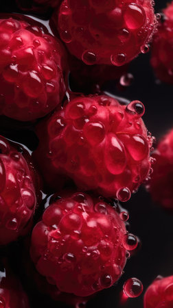 Fresh raspberries with water drops on black background, closeupの素材