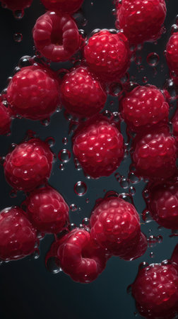 Raspberries in water with bubbles on dark background, close upの素材