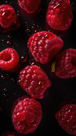 close up of Delicious fresh raspberries falling on black background, food web site backgroundの素材