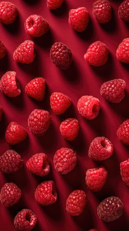 Raspberry fruit on red background. Top view. Flat lay.の素材