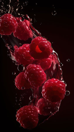 Raspberries in water with drops, isolated on black background. food magazine dynamic shotの素材