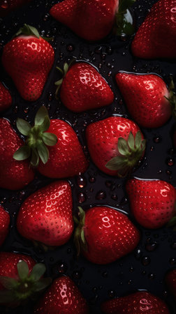 glassy Strawberries with water drops on a black background. Top view.の素材