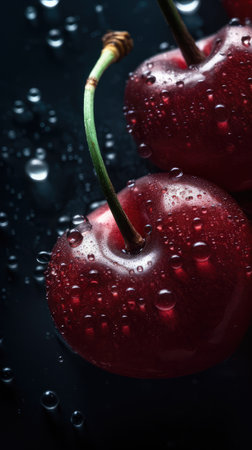 glassy red cherries with water drops on a black background. close up shot for food magazineの素材