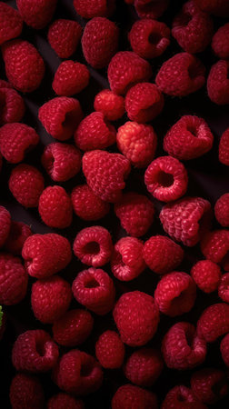 Raspberries on a black background, close-up, macroの素材