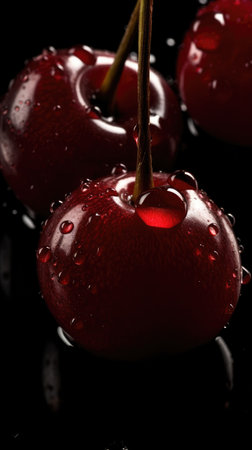 glassy Cherries with water drops on a black background close-up, food magazine cover, artistic shotの素材