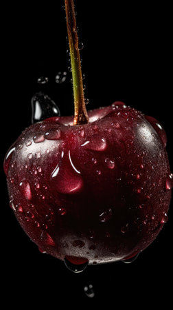 Cherry with water drops on a black background. Close up. high details artistic shot portraitの素材