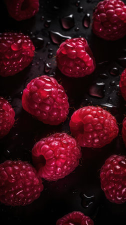 fresh raspberries with water drops on a dark background. tinting. selective focus for food magazineの素材