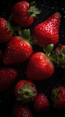 Glassy Strawberries with water drops on a black background, top view, food web magazine backgroundの素材