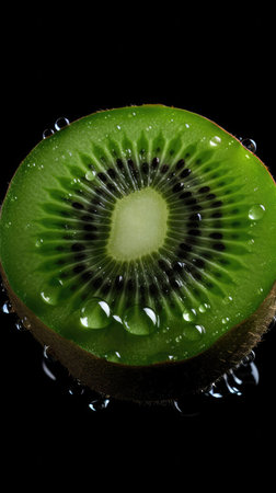 Kiwi fruit with water drops isolated on a black background. closeupの素材