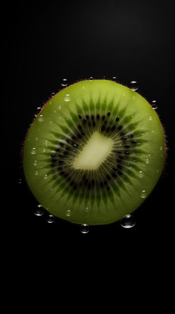 Kiwi fruit with water drops on a black background, close upの素材