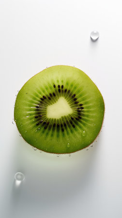 front view of Kiwi fruit slice with water drops on a white background.の素材