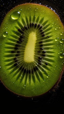 closeup of Kiwi fruit on a black background with water droplets.の素材
