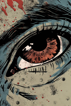 Close up of female eye with blood splatter on grunge backgroundの素材
