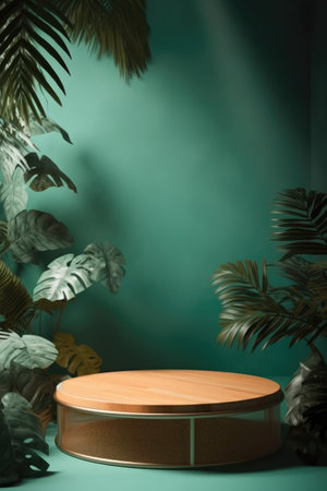Podium for product presentation with tropical leaves on green background. 3d renderの素材