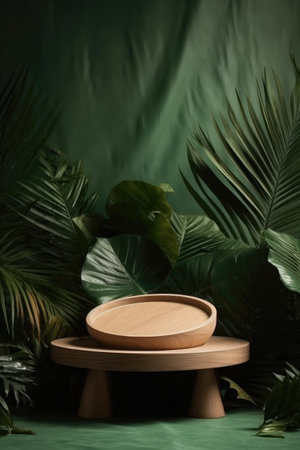 Tropical background with palm leaves and wooden podium for product presentationの素材