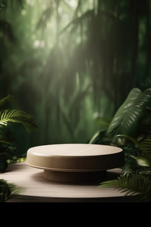 Wooden podium on the background of tropical plants. 3d renderの素材