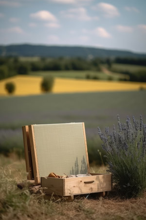 Wooden easel in the middle of a lavender field. provence summer landscapeの素材