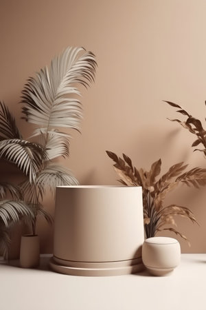 3d render of beige podium with tropical plants. Minimalist concept.の素材