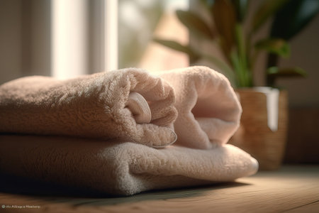 Towels on wooden table near window, closeup. Interior design, soft, clean and scented laundry conceptの素材