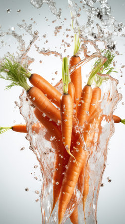 Fresh carrots with water splash on white background. Healthy food concept.の素材