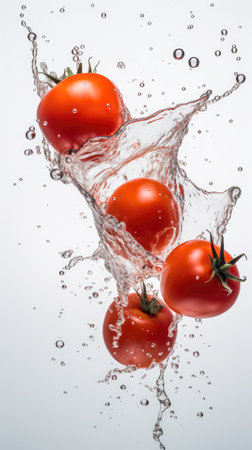Fresh tomatoes falling into water with splash, isolated on white background.の素材