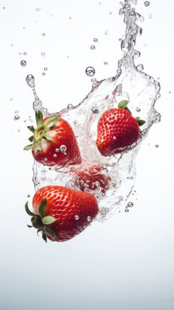 strawberries falling into water with splash on a white background.の素材