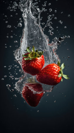 Strawberries falling into water with splash on dark blue background.の素材