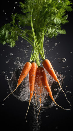 Bunch of fresh carrots with water splashes on black background.の素材