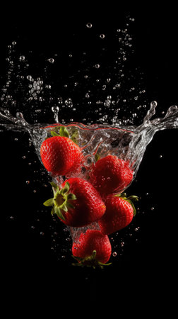 strawberries falling into water with splash isolated on black background.の素材