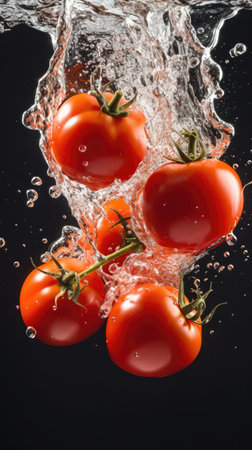 Fresh tomatoes falling into water with splash, isolated on black background.の素材