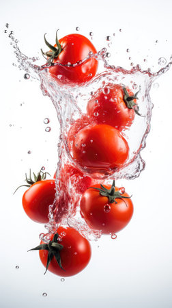 Fresh tomatoes falling into water with splash on white background, studio shotの素材