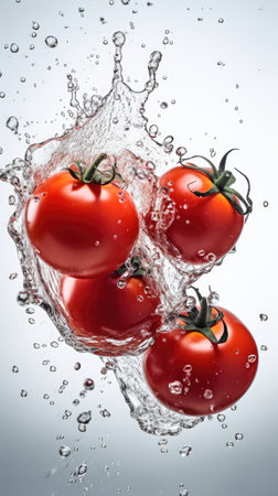 Fresh cherry tomatoes in water splash on gray background. Healthy food concept.の素材
