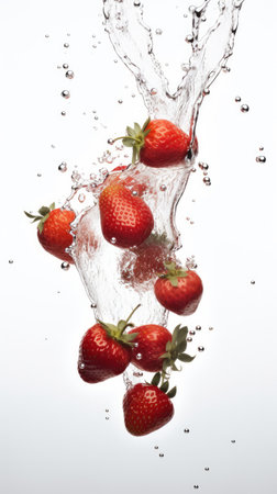 Strawberry falling into water with air bubbles on white background.の素材